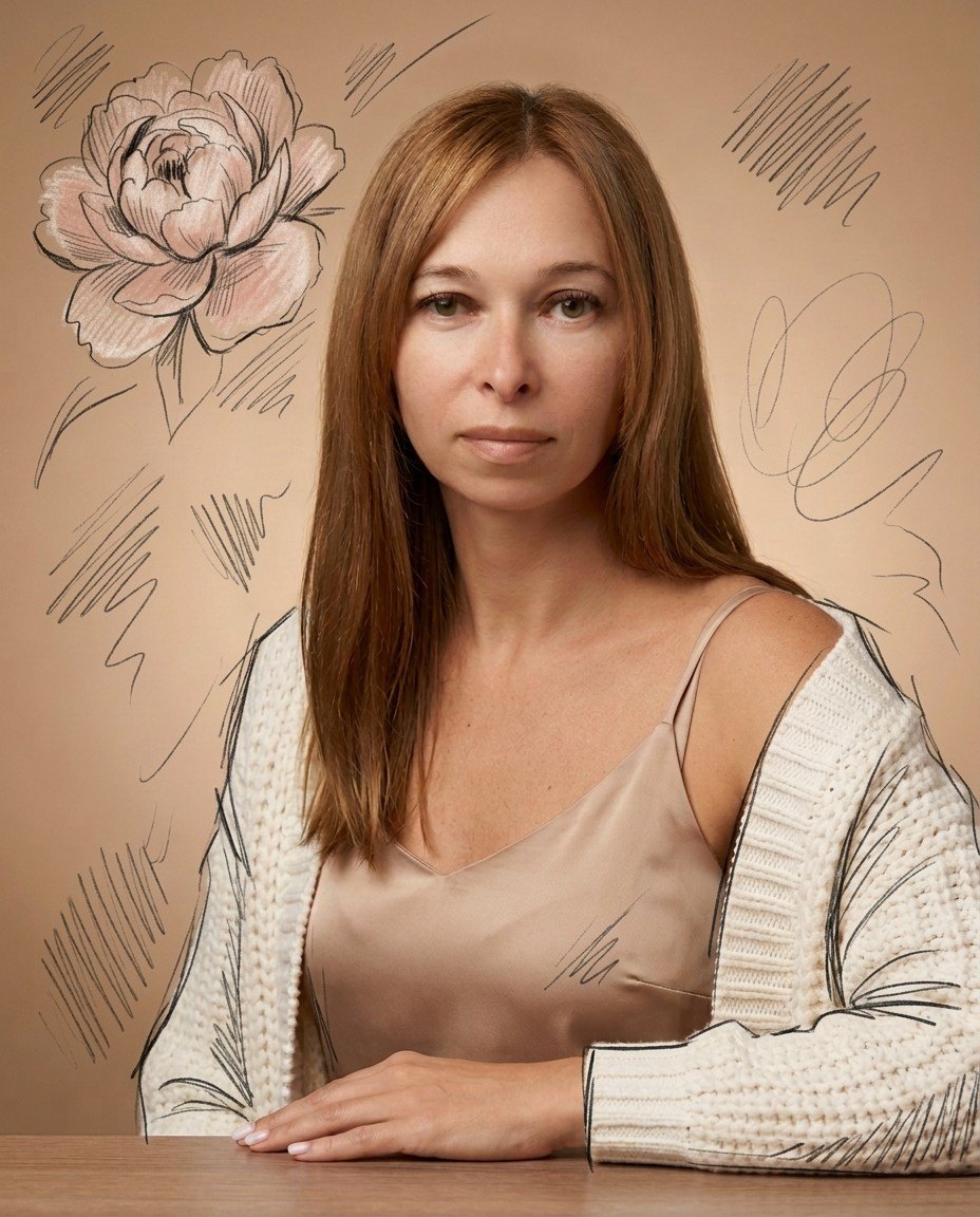 Мария, автор MARUDI, на фоне графичных линий и пиона