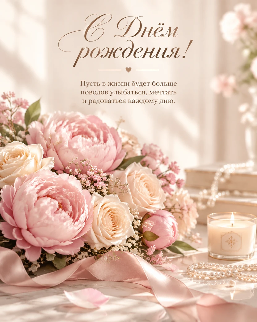 Открытка «С Днём рождения!» с пионами