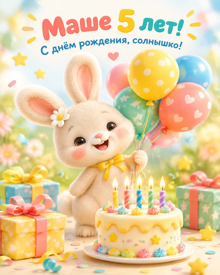 Детская открытка «Маше 5 лет!» с зайчиком и тортом